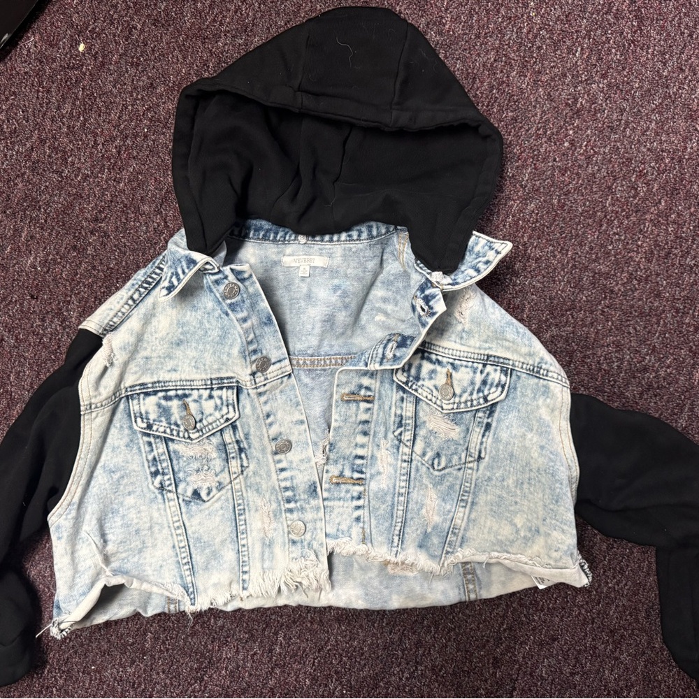 Denim and Black Hooded Jacket